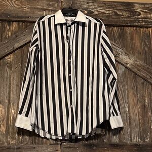 Bugatchi Black and White Striped Dress Shirt Shaped Fit